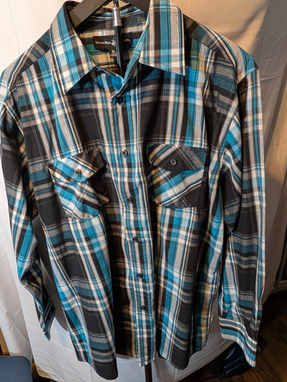 Beverly Hills Polo Club Vintage Blue Plaid Button Up dress Shirt Mens XL